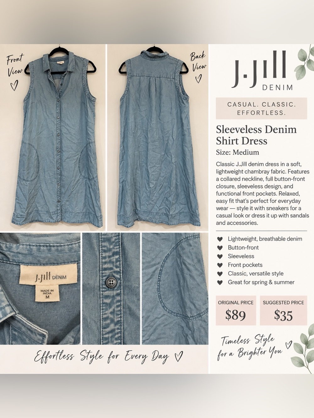 J.Jill Denim Sleeveless Chambray Button Front Shirt Dress Blue Size M